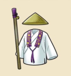 お遍路の服:徳島県のおみやげ 八十八ヶ所巡りで着用する服装。管笠・白衣・輪袈裟・金剛杖がある。